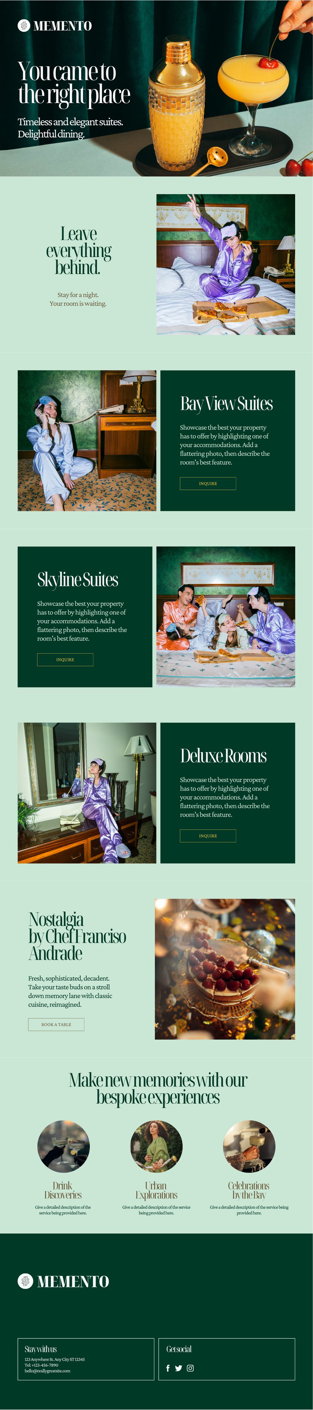 Full-page design of the Memento boutique hotel and dining website