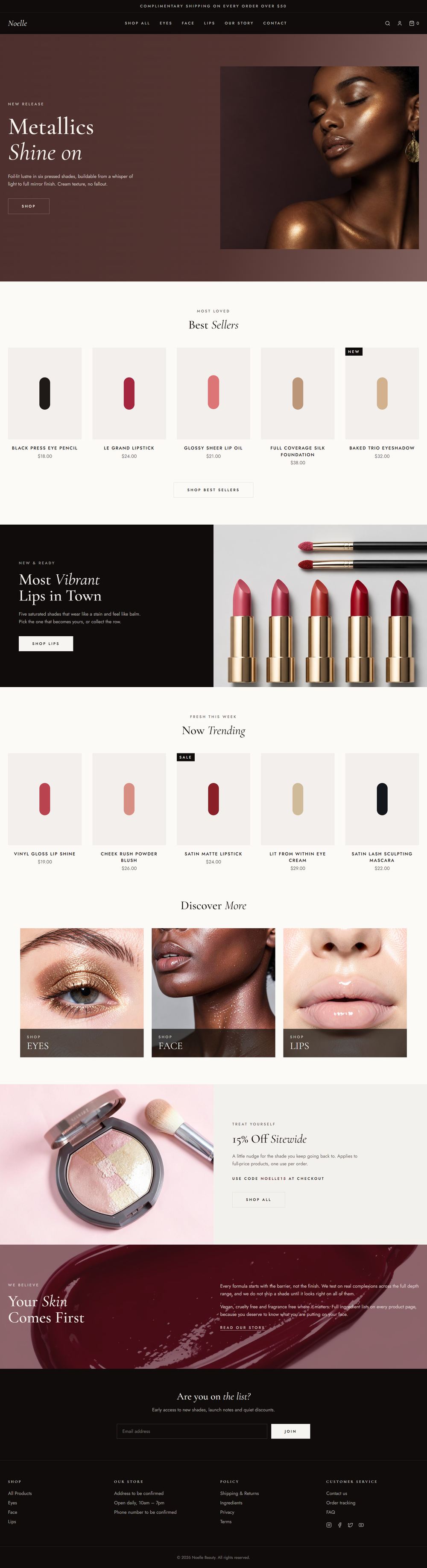 Full-page design of the Noelle cosmetics online store