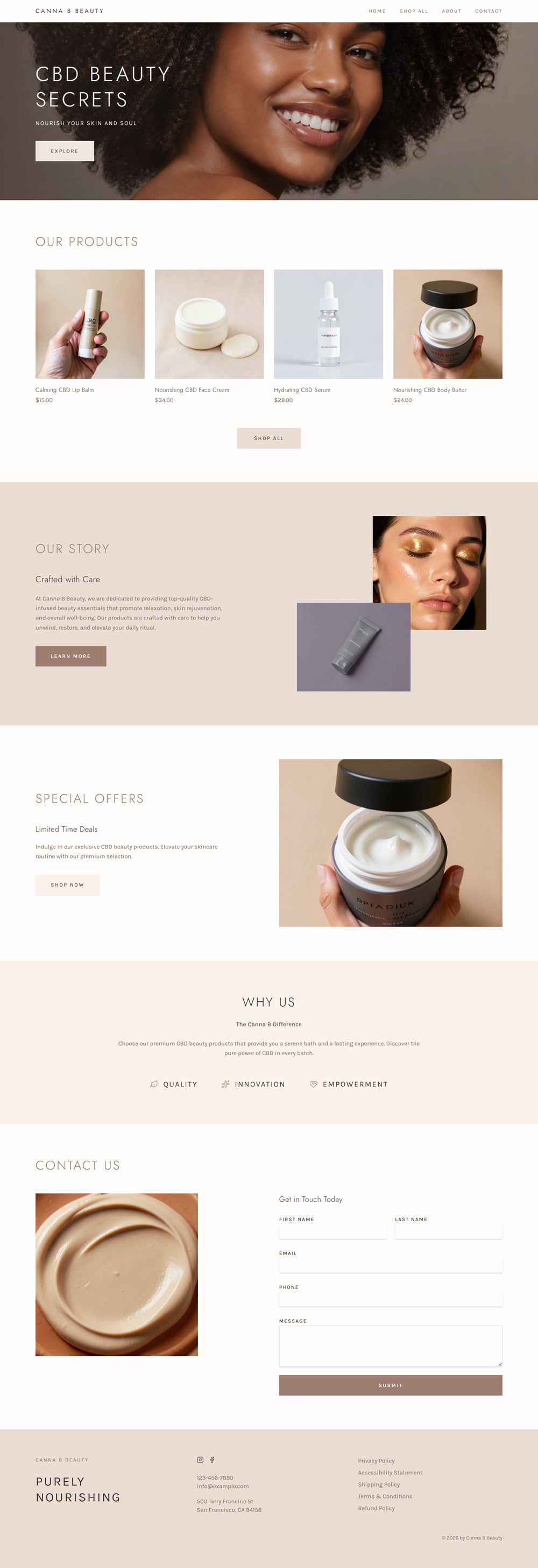 Full-page design of the Purely Nourishing CBD skincare website
