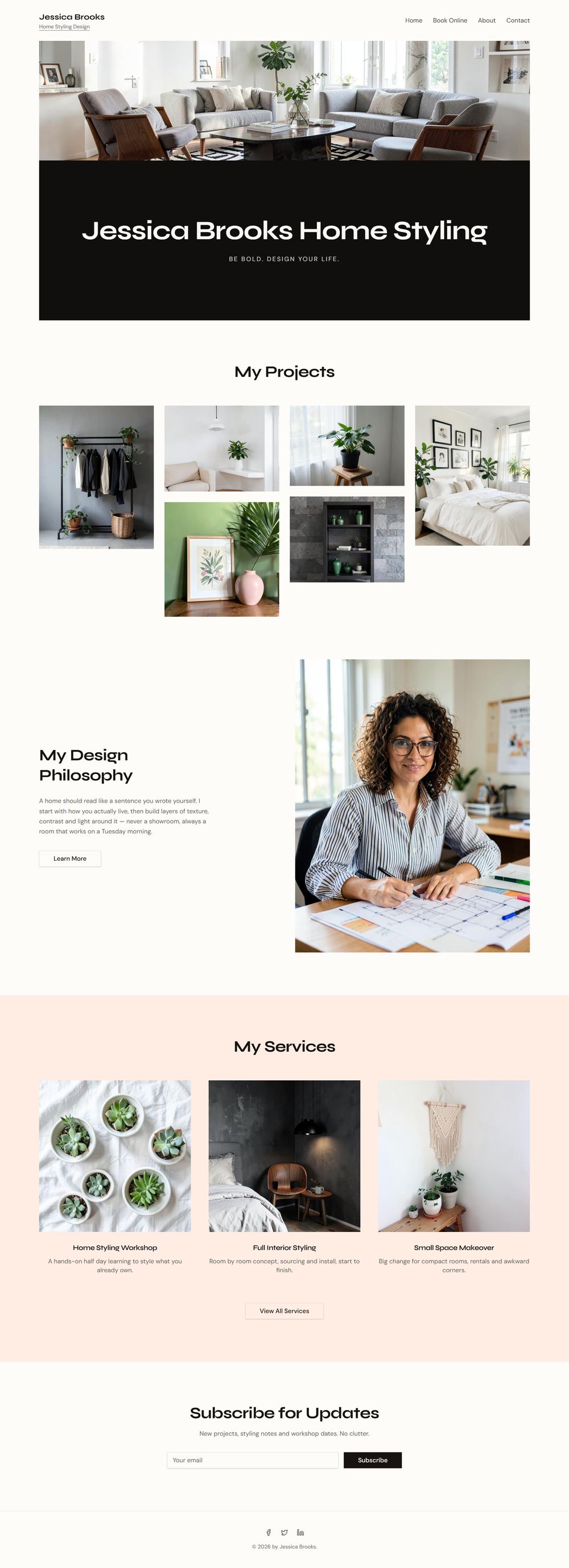 Full-page design of the Jessica Brooks Home Styling website